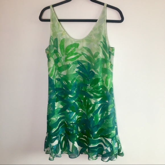 CAbi Dresses & Skirts - Cabi Castaway Green Tropical Print Ruffle Dress